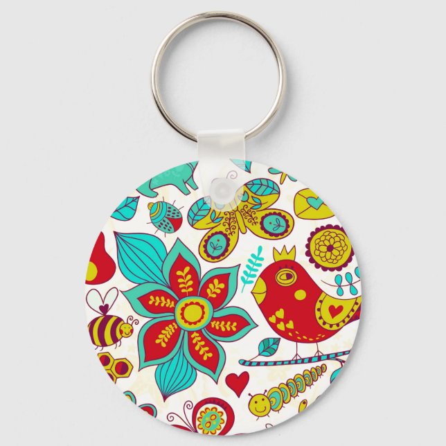 Porte-clés Oiseaux colorés Retro Fleurs Motif (Recto)