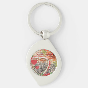 Porte-clés Oiseaux de l'amour Cœur Rouge Collage d'art