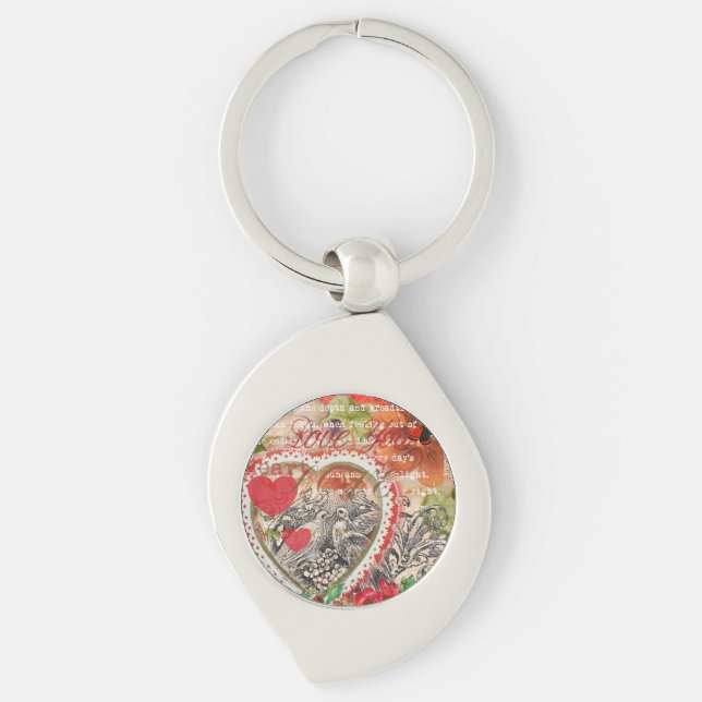 Porte-clés Oiseaux de l'amour Cœur Rouge Collage d'art (Devant)