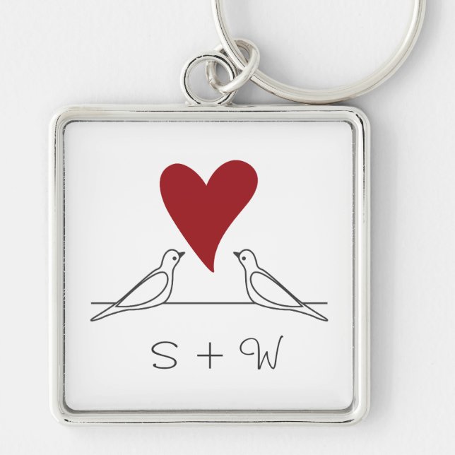 Porte-clés Oiseaux de l'amour simple moderne Monogramme Cœur  (Devant)