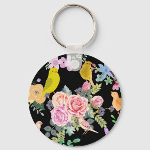 Porte-clés Oiseaux et fleurs colorés et vibrants sur fond noi