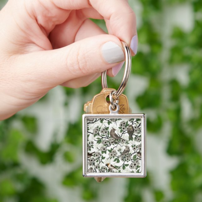 Porte-clés Oiseaux et fleurs de cerisier sur fond blanc (main)