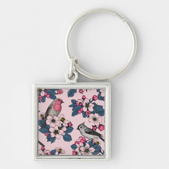Porte-clés Oiseaux et fleurs roses (Devant)