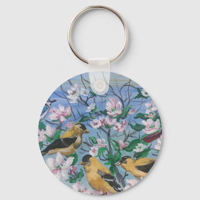 Porte-clés Oiseaux fleurs de finches jaunes (Recto)
