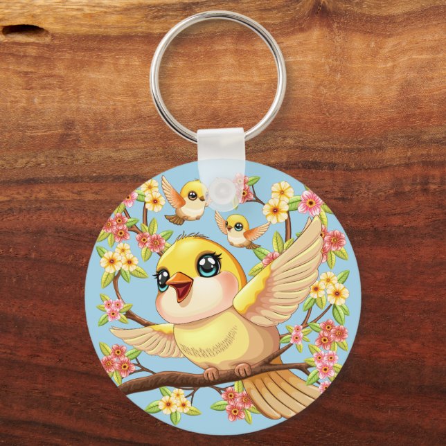 Porte-clés Oiseaux mignons et heureux parmi les fleurs du pri (Recto)