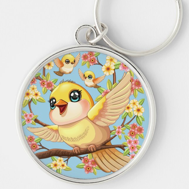 Porte-clés Oiseaux mignons et heureux parmi les fleurs du pri (Devant)