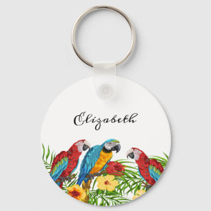 Porte-clés Oiseaux tropicaux perroquets bleu paume rouge nom 