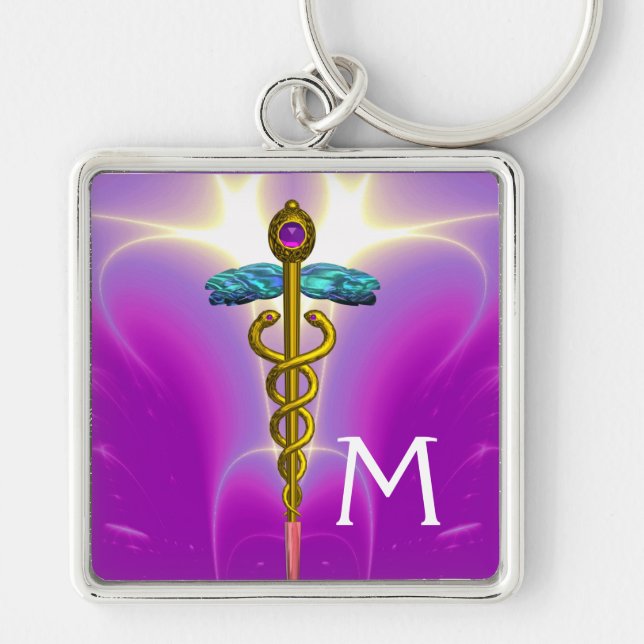 Porte-clés OR CADUCUS SYMBOLE MÉDICALE MONOGRAMME, Pink Fuchs (Devant)
