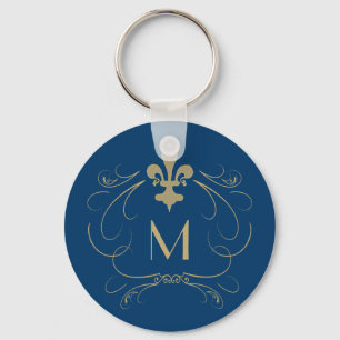 Porte-clés Or d'Elegant Fleur de Lis Blue de monogramme