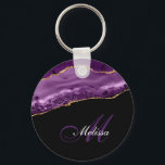 Porte-clés or élégant et violet agate monogramme<br><div class="desc">Élégant monogramme et script éditable avec nom personnalisé sur l'agate d'or et de poule violette.</div>