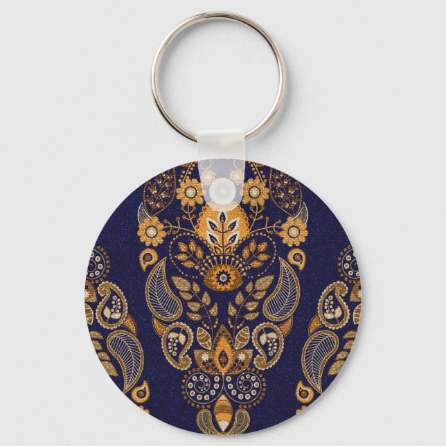 Porte-clés Or et bleu, motif sans couture fleurie. (Recto)