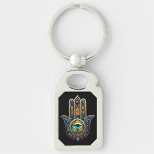 Porte-clés Or noir coloré Hamsa avec troisième œil turquoise