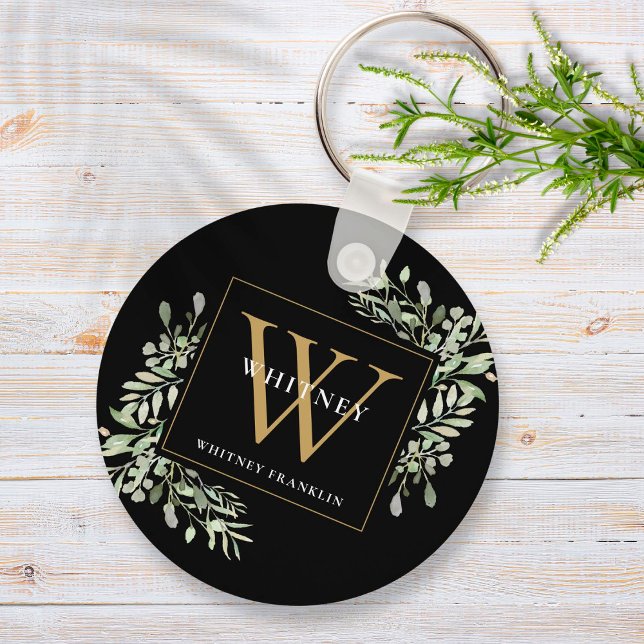 Porte-clés Or noir monogramme Élégante verdure (Créateur téléchargé)