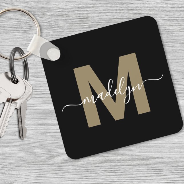 Porte-clés Or Noir Nom Élégant Monogramme (Black Gold Elegant Name Monogram keychain)
