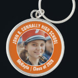 Porte-clés Orange Marching Band Photo High School Spirit<br><div class="desc">Ce cool customisé au lycée marching band photo présente la typographie blanche de votre équipe et le nom du joueur sur un porte - clé orange brag pour les parents. Personnalisez avec la photo de votre élève et l'année de classe comme un parent fier. Maman et papa peuvent les emmener...</div>