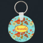 Porte-clés Orange Yellow Poppies Floral Aqua Poppy Girls Name<br><div class="desc">Orange and Yellow Poppies Floral Art Girls Name keyring,  with a fully customizable name. From my own painting art design.</div>