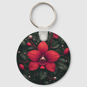 Porte-clés Orchidée rouge en fleurs avec des feuilles vertes