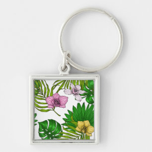 Porte-clés Orchidées et feuilles de palmiers, rose, jaune, ve