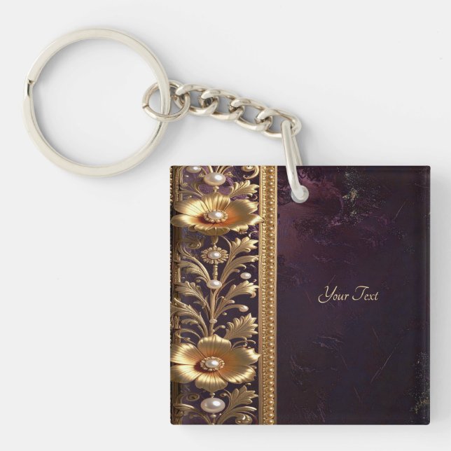 Porte-clés ornement floral doré avec perles (Devant)
