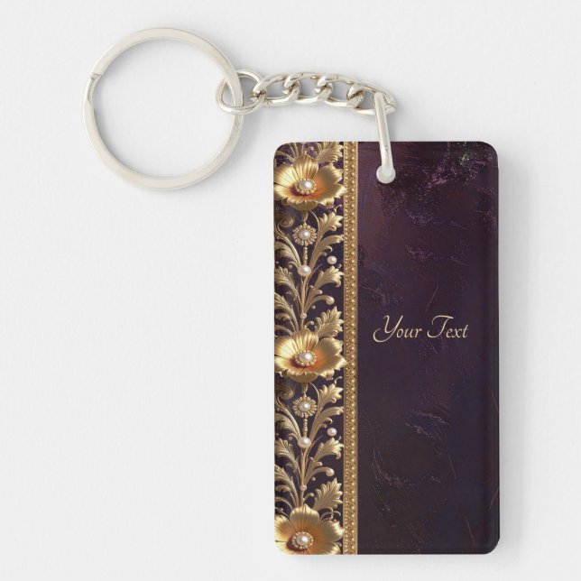 Porte-clés ornement floral doré avec perles (Devant)
