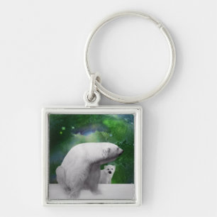 Porte-clés Ours blanc, petit animal et aurore de lumières du