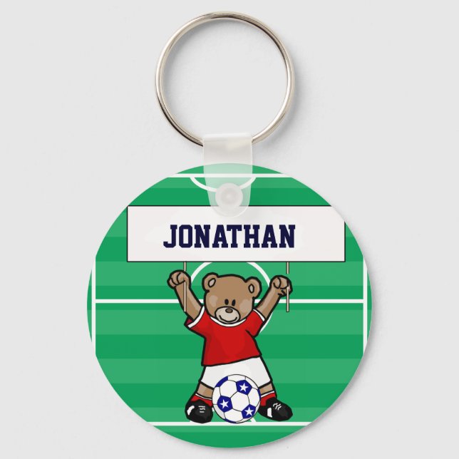 Porte-clés Ours en peluche de soccer personnalisé (rouge) (Recto)