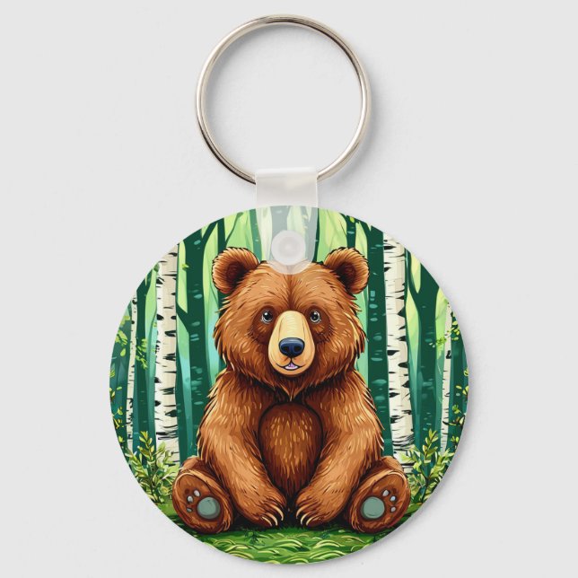 Porte-clés Ours grizzly dans une forêt de bouleaux (Recto)