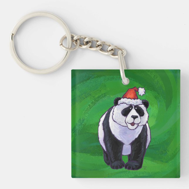 Porte-clés Ours mignon Panda à Santa Hat sur Vert (Devant)