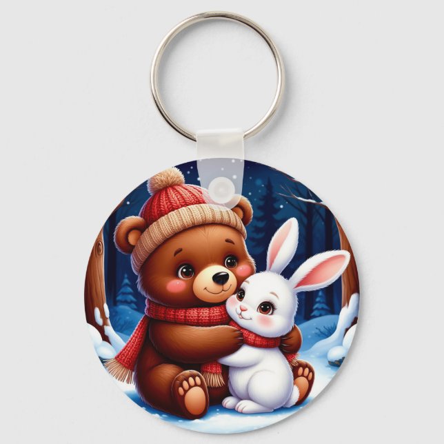 Porte-clés Ours mignon tenant un lapin (Recto)