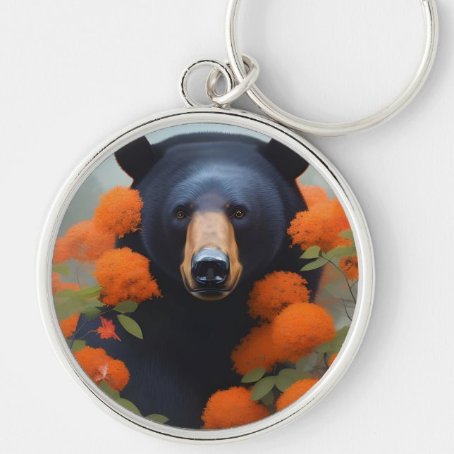 Porte-clés Ours noir en fleurs orange (Devant)