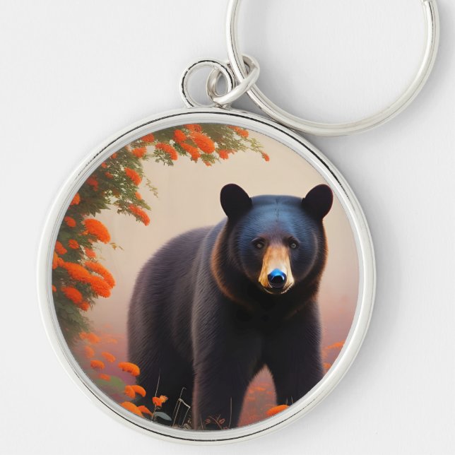 Porte-clés Ours noir en fleurs orange (Devant)
