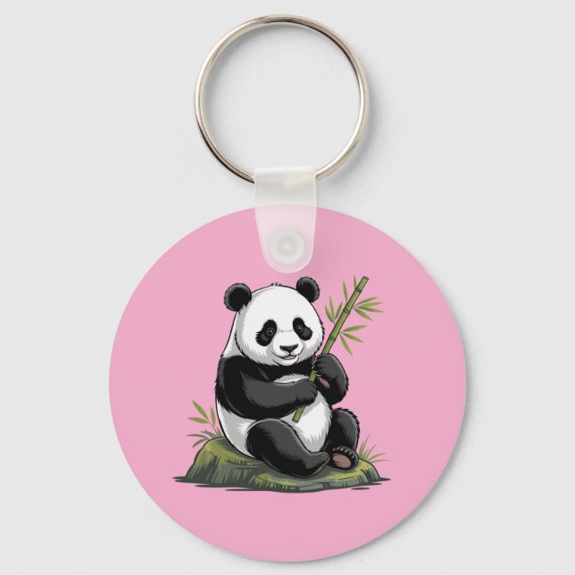 Porte-clés Ours Panda Mignon Tendance Avec Bambou Verdure Ros (Recto)