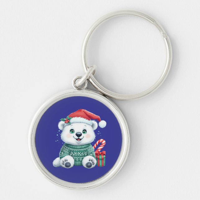 Porte-clés Ours polaire de Noël mignon en pull festif (Devant)