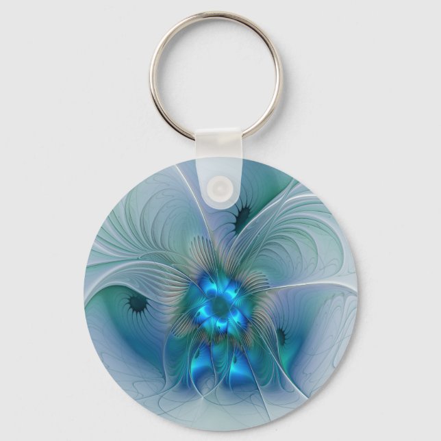 Porte-clés Ovations debout, fractale abstraite bleu turquoise (Recto)