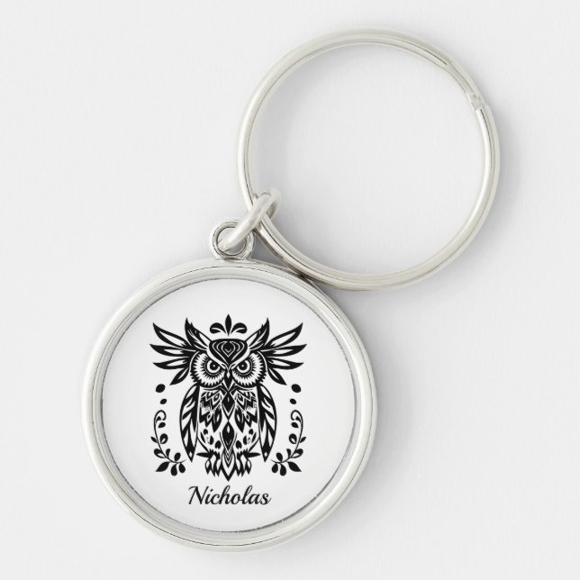 Porte-clés Owl Lovers Rustic Woodlands Black White Bohemian  (Devant)