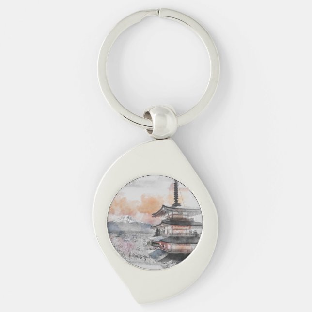 Porte-clés Pagode japonaise & Fuji aquarelle (Devant)