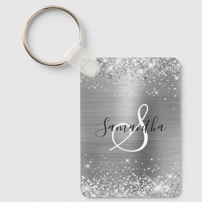 Porte-clés Pailleté Argenté Élégant Monogrammé (Recto)