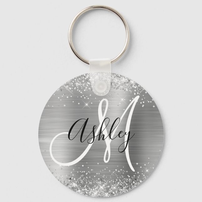 Porte-clés Pailleté Argenté Monogrammé Noir et Blanc (Recto)