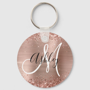 Porte-clés Pailleté Or Rose Feuille Noir Blanc Monogrammé