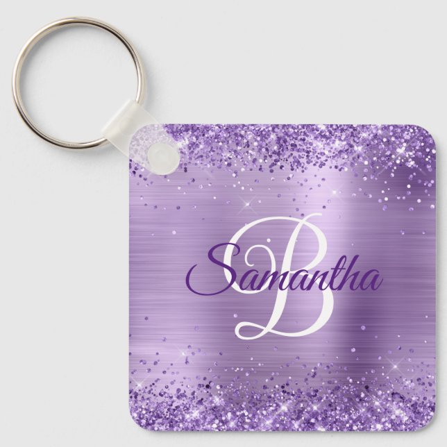 Porte-clés Pailleté Violet Strass Féminin Monogrammé en Feuil (Recto)