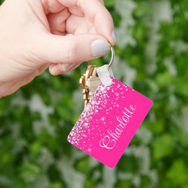 Porte-clés Paillettes argentées et monogramme rose chaud (main)