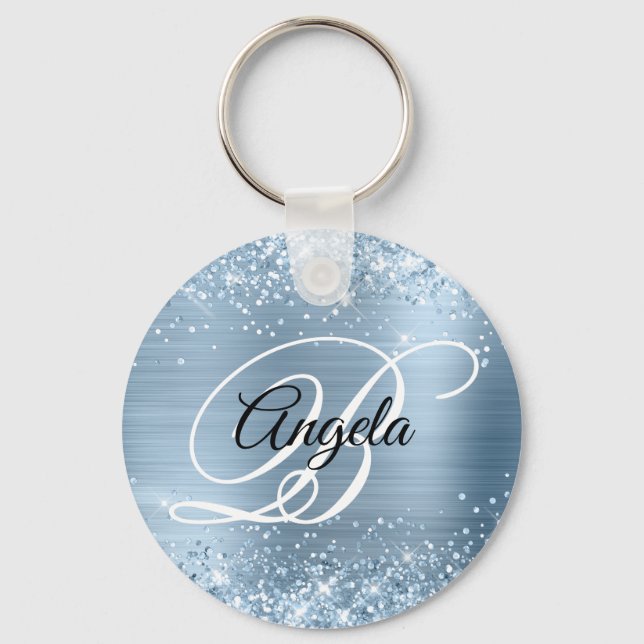 Porte-clés Paillettes Clair Bleu Feuille Fantaisie Monogramme (Recto)