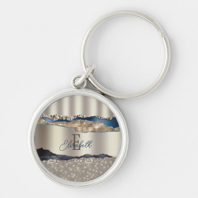 Porte-clés Paillettes d'agate bleu indigo élégantes  (Devant)