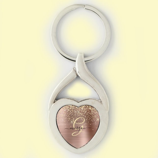 Porte-clés Paillettes dorées, monogramme doré, nom en script  (Créateur téléchargé)