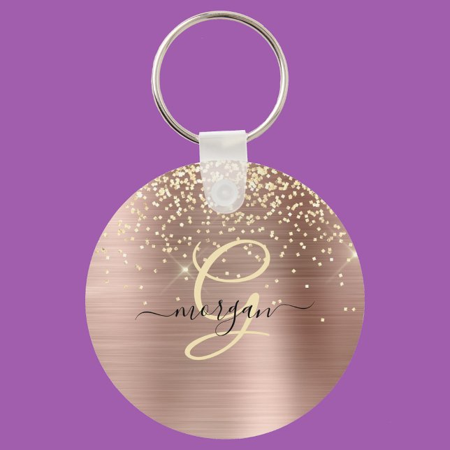 Porte-clés Paillettes dorées, monogramme doré, nom en script  (Créateur téléchargé)