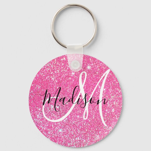 Porte-clés Paillettes Rose Chaud Glamour Féminin Nom Monogram (Recto)