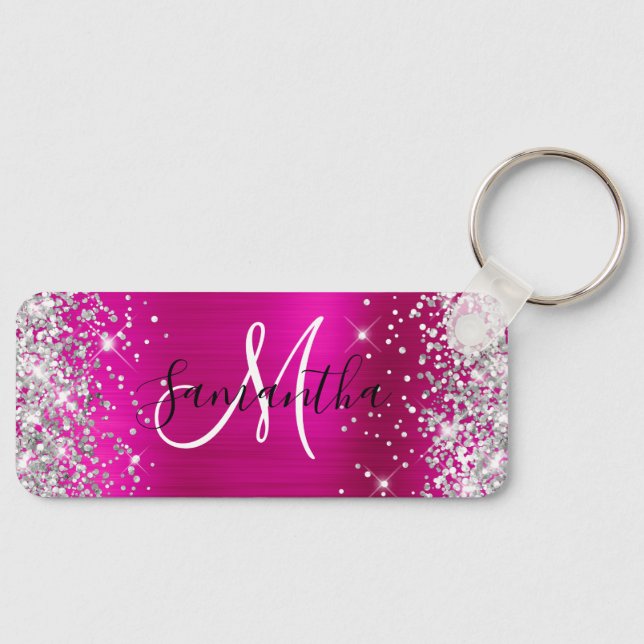 Porte-clés Paillettes Rose Chaud Monogramme Mince Horizontal (Recto)