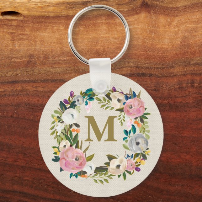 Porte-clés Painted Floral Personalized Monogram Canvas Bag (Recto)