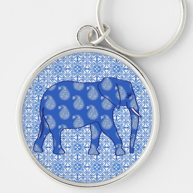 Porte-clés Paisley éléphant - bleu cobalt et blanc (Devant)