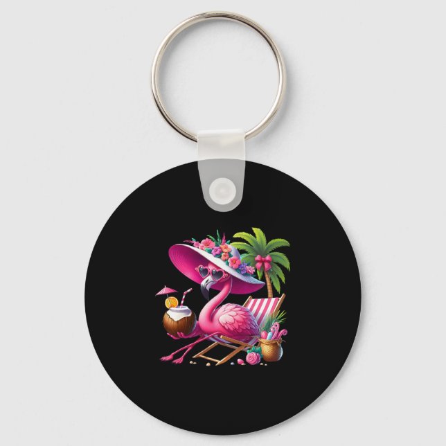 Porte-clés Palmier Rose Flamant Rose Plage Tropicale Été Vaca (Recto)